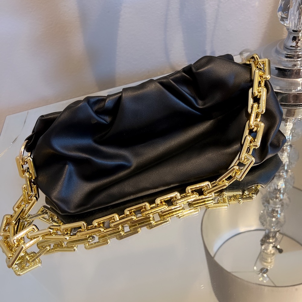 Black Soft faux Leather Clutch with Gold Chain Strap